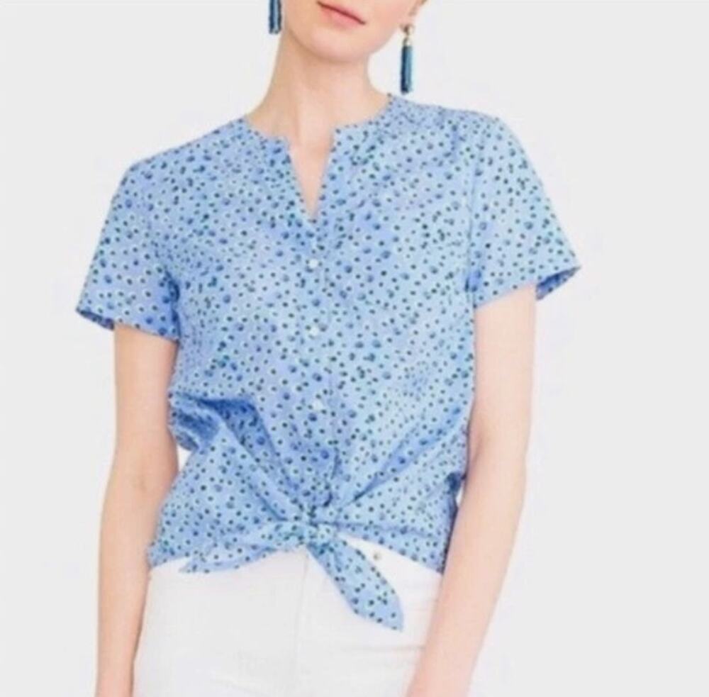 J. CREW Blue Floral Printed Tie-front button-up Shirt Top Cotton Women's Small